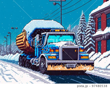Snowplow heavy machinery cleaning city roads from snow in winter, 8 bit style, clear style 97480538