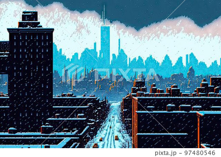Winter street view during snowfall blizzard cyclone , 8 bit style, clear style. Natural disaster Winter street view during snowfall blizzard cyclone , 8 bit style, clear style. Natural disaster 97480546