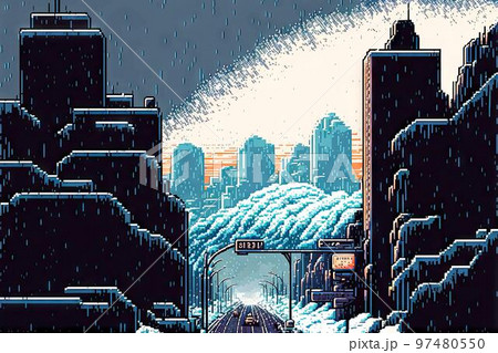 A snow cyclone is approaching the city, 8 bit style, clear style 97480550