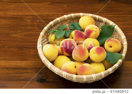 深ざるに入れた黄色く色付いた南高梅 深ざるに入れた黄色く色付いた南高梅 97480652