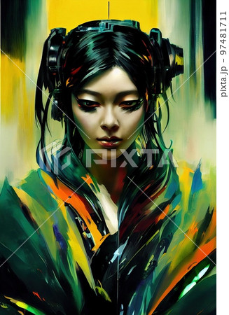 Portrait of a sci-fi cyberpunk girl. High-tech futuristic woman from the future. The concept of virtual reality and cyberpunk. Generative AI Art. 97481711