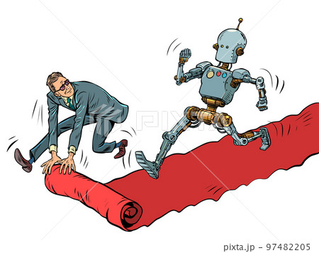 Robot hero on the red carpet carpet of the movie premiere. The winner goes ahead, man is the servant 97482205