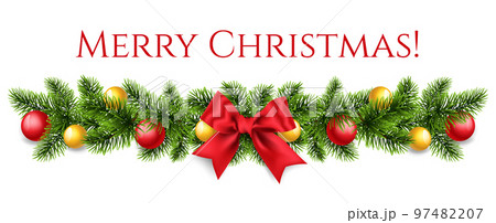 Christmas design with Border of Realistic Christmas Tree Branches Decorated with red bow, Christmas flower and Christmas balls isolated on white. Festive header for website, vector illustration 97482207