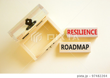 Resilience roadmap symbol. Concept word Resilience roadmap typed on wooden blocks. Beautiful white table white background. Empty wooden chest. Business and resilience roadmap concept. Copy space. 97482264