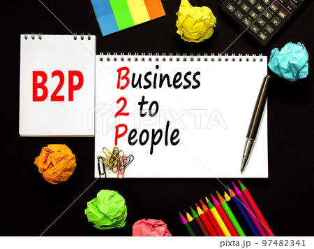 B2P business to people symbol. Concept words B2P business to people on white note on a beautiful black background. Calculator. Business and B2P business to people concept. Copy space. 97482341