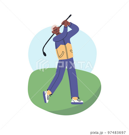 Happy senior playing golf in club park. Elderly man lead active lifestyle. flat vector modern illustration in trendy colors, isolated on white Happy senior playing golf in club park. Elderly man lead active lifestyle. flat vector modern illustration in trendy colors, isolated on white 97483697