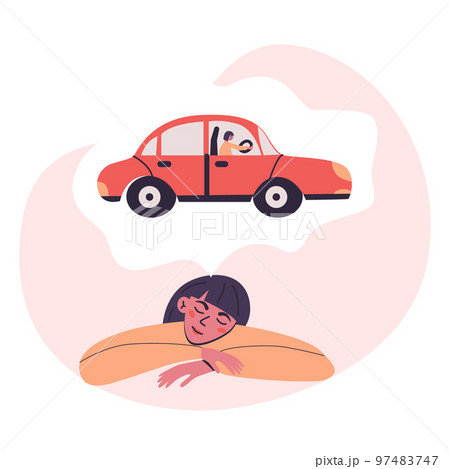 Young girl dreams of how she will drive a car. Flat vector isolated modern illustration in trendy colors Young girl dreams of how she will drive a car. Flat vector isolated modern illustration in trendy colors 97483747