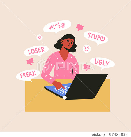 Cyber bullying and online abuse concepts. Upset. shame woman take haters messages and dislike in social media. Flat vector illustration of internet problems, victim of mass media Cyber bullying and online abuse concepts. Upset. shame woman take haters messages and dislike in social media. Flat vector illustration of internet problems, victim of mass media 97483832