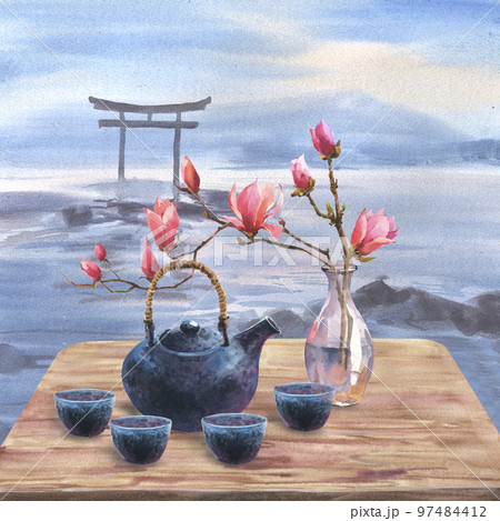 Watercolor illustration of dark blue japan ceramic teapot, bowls of tea, transparent vase with blossoming magnolia on wooden table, against the backdrop of a landscape with the ocean and torii gates. 97484412