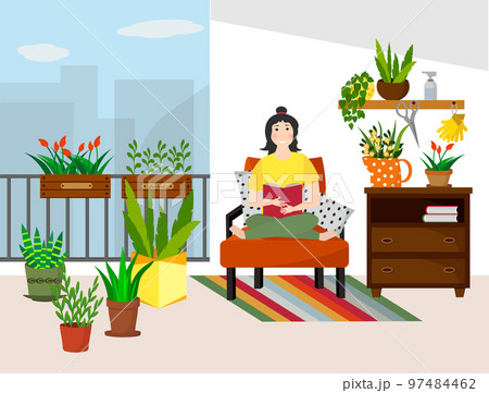 The girl is sitting on the sofa with a book. Balcony home garden with flowers and seedling boxes, chest of drawers and furniture.  97484462