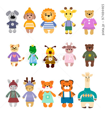 A set of cute cartoon animals. Dog, lion and giraffe, bears and cat, frog and bee, deer and llama, and others. Vector.  97484465
