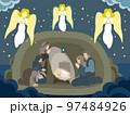 Christmas biblical scene of Joseph, Mary and newborn baby indoors at night 97484926