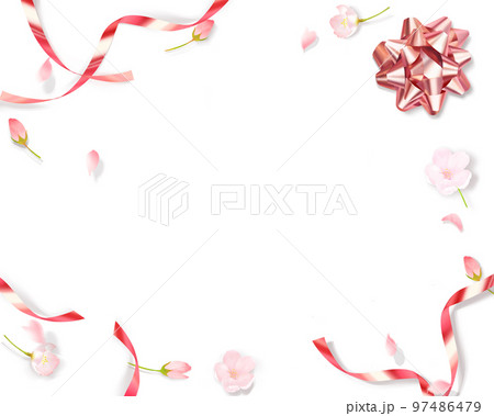 薄いピンク色のかわいい桜と花びらーリボン飾りー白バックフレーム背景素材 薄いピンク色のかわいい桜と花びらーリボン飾りー白バックフレーム背景素材 97486479