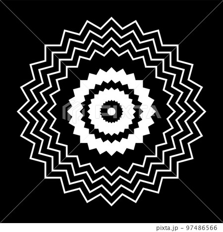 Geometric Circle Zig Zag Lines White Pattern on Black Background. 97486566