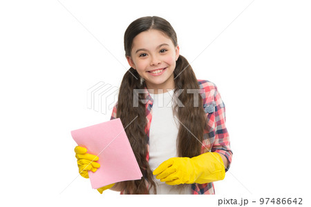 duster helpful for wiping dust. happy kid use duster and cleaning gloves. small girl yellow rubber protective gloves ready to clean. Household duties. Dish wash gloves. Yellow glove for cleaning duster helpful for wiping dust. happy kid use duster and cleaning gloves. small girl yellow rubber protective gloves ready to clean. Household duties. Dish wash gloves. Yellow glove for cleaning 97486642