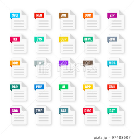 Common system file formats. Document types and extensions. Flat style icons collection. Document pictogram, web design UI element, template. Computer program or application icon. Vector illustration 97488607