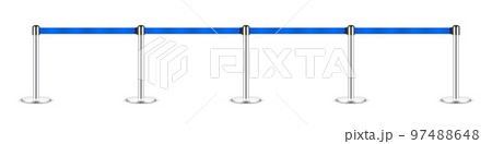 Realistic blue retractable belt stanchion. Crowd control barrier posts with caution strap. Queue lines. Restriction border and danger tape. Attention, warning sign. Vector illustration 97488648