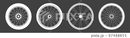 Black bicycle wheel symbols collection. Bike rubber tyre silhouettes. Fitness cycle, road and mountain bike. Vector illustration. 97488655