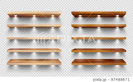 Realistic wooden store shelves with lighting, spotlights. Empty product shelf, grocery wall rack. Mall and supermarket furniture, bookshelf. Modern interior design element. Vector illustration 97488671