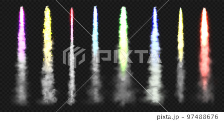 Realistic colorful space rocket trails. Festive fireworks launch. Fire burst, explosion. Missile or bullet trail. Jet aircraft tracks. Smoke clouds, fog. Steam flow. Vector illustration Realistic colorful space rocket trails. Festive fireworks launch. Fire burst, explosion. Missile or bullet trail. Jet aircraft tracks. Smoke clouds, fog. Steam flow. Vector illustration 97488676