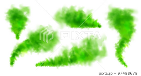 Green colorful smoke clouds isolated on white background, realistic mist effect, fog. Vapor in the air, steam flow. Vector illustration 97488678