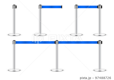 Realistic blue retractable belt stanchion. Crowd control barrier posts with caution strap. Queue lines. Restriction border and danger tape. Attention, warning sign. Vector illustration Realistic blue retractable belt stanchion. Crowd control barrier posts with caution strap. Queue lines. Restriction border and danger tape. Attention, warning sign. Vector illustration 97488726