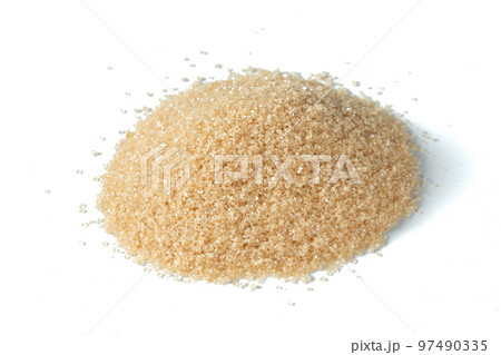 Pile set of Brown Sugar, crystal grain sugar pouring down abstract cloud group. Beautiful complete seed sugarcane, food object design. Selective focus freeze shot black background isolated 97490335
