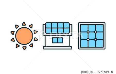 太陽光発電に関するイラスト。ソーラーパネルのベクターアイコン素材。 97490910