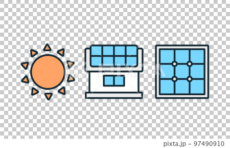 太陽光発電に関するイラスト。ソーラーパネルのベクターアイコン素材。 97490910