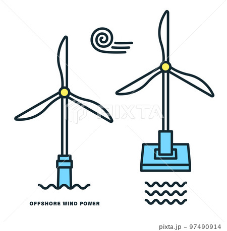 洋上風力発電と風力発電のイラスト。ベクターアイコンセット。 97490914