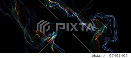 Composition multi colored plume of smoke, black abstract background. Multicolored effect isolated in dark futuristic digital art, waves dynamic transparent Composition multi colored plume of smoke, black abstract background. Multicolored effect isolated in dark futuristic digital art, waves dynamic transparent 97491406