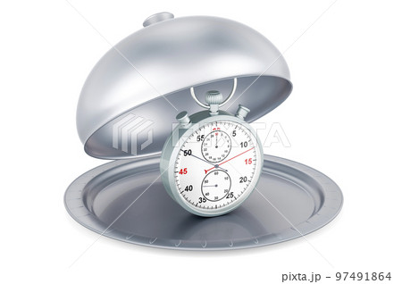 Restaurant cloche with stopwatch, 3D rendering Restaurant cloche with stopwatch, 3D rendering 97491864