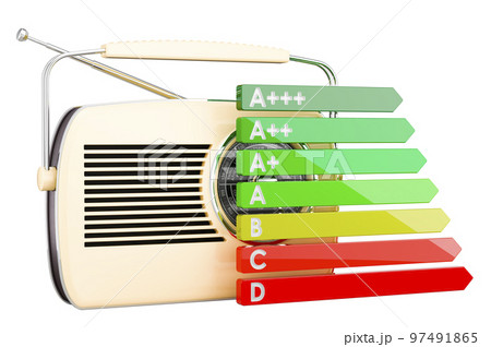 Retro receiver with energy efficiency chart, 3D rendering 97491865