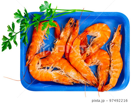 Fried shrimps with garlic and parsley closeup on blue plate 97492216