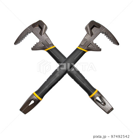 Crosshairs of Demolition hammer, a one-piece forged construction, a multifunctional Prybar Tool for Home Improvement. Black professional instrument isolated. Crosshairs of Demolition hammer, a one-piece forged construction, a multifunctional Prybar Tool for Home Improvement. Black professional instrument isolated. 97492542