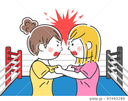 格闘技のリング上で、胸ぐらをつかみ合う、女性のイラスト 97493289