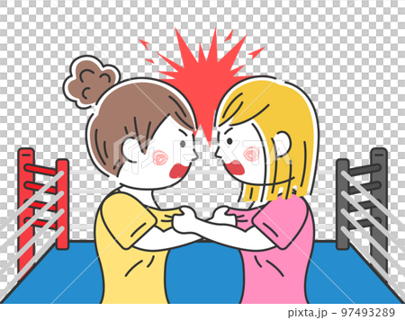 格闘技のリング上で、胸ぐらをつかみ合う、女性のイラスト 97493289