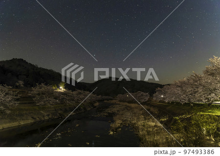 春の星景色 川沿いの桜並木と星空 春の星景色 川沿いの桜並木と星空 97493386