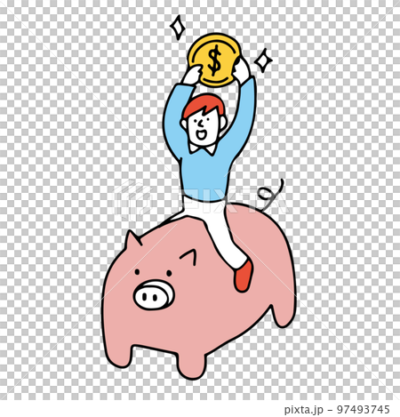 用美元儲蓄 一個微笑的人跨坐在豬身上的插圖 用美元儲蓄 一個微笑的人跨坐在豬身上的插圖 97493745