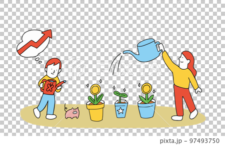 分散投資のイメージイラスト　お金の鉢に水やりをする人々 97493750