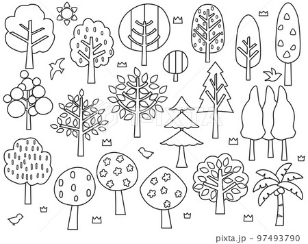 塗り絵などにも使える木の線画のイラストのセット 97493790