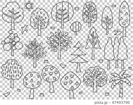 塗り絵などにも使える木の線画のイラストのセット 97493790