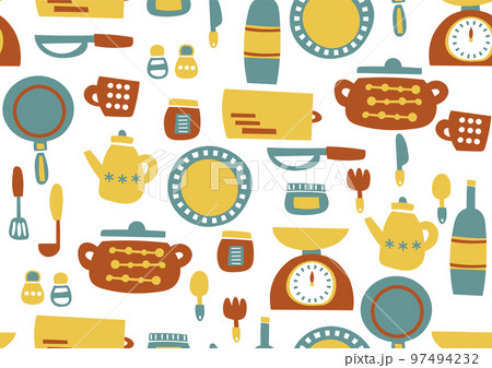 北欧風 かわいいキッチングッズの背景素材 シームレスパターン 北欧風 かわいいキッチングッズの背景素材 シームレスパターン 97494232