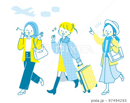 友達と旅行に行く3人の女性達のイラストセット 97494293
