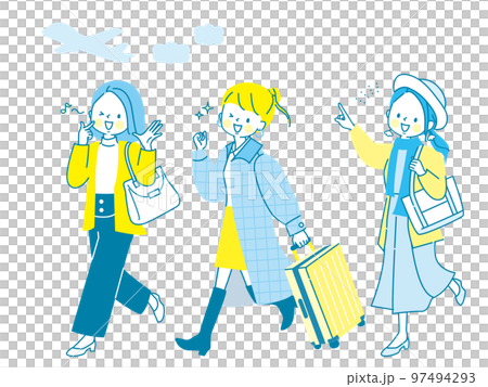 友達と旅行に行く3人の女性達のイラストセット 97494293