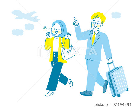 キャリーケースを持って旅行する男女のイラスト 97494294