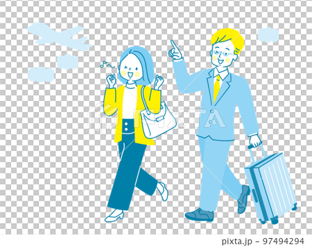 Illustration of a man and a woman traveling with a carry case Illustration of a man and a woman traveling with a carry case 97494294