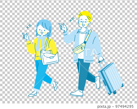 Illustration of a man and a woman traveling with a carry case 97494295