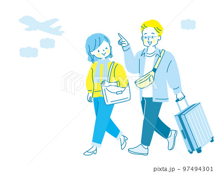 キャリーケースを持って旅行する男女のイラスト 97494301