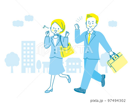 街並みとガッツポーズしながら歩く男女のイラスト 97494302